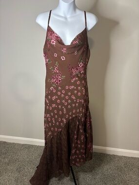 Sincerely Jules Brown Slip Dress with Pink Floral Trim